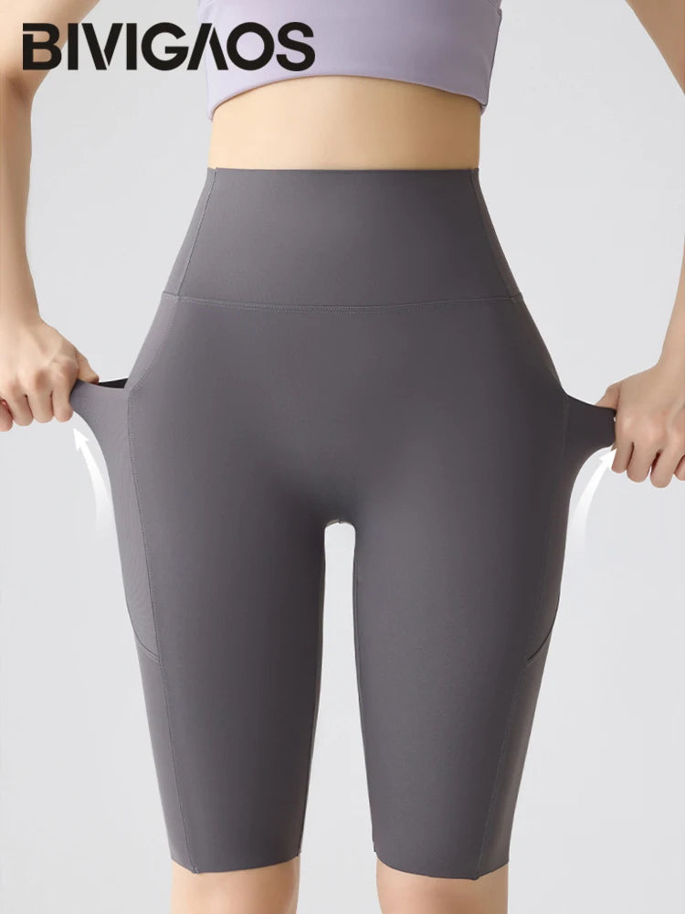 Pocket Yoga Sharkskin Bicycle Shorts Women Thin High Waist Push Up Light Feeling Sports  Fitness Cycling Shorts