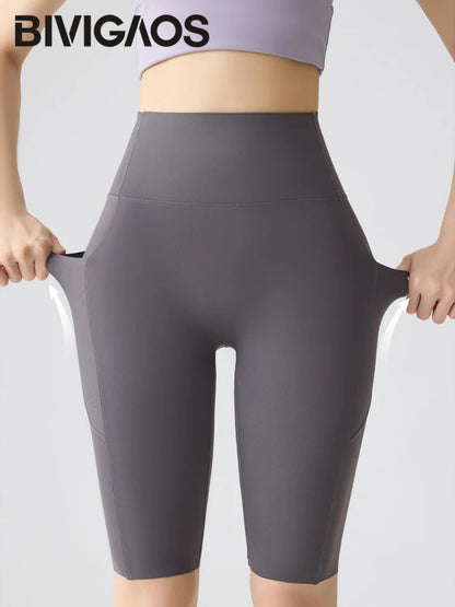 Pocket Yoga Sharkskin Bicycle Shorts Women Thin High Waist Push Up Light Feeling Sports  Fitness Cycling Shorts