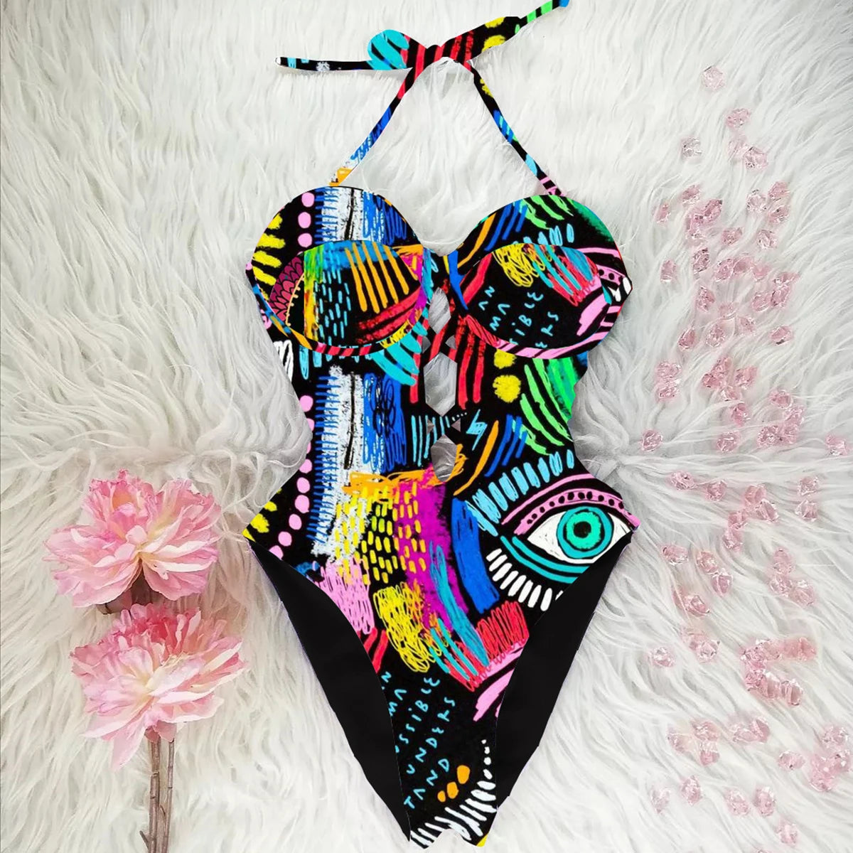 One Piece Swimsuit Female Push Up Swimwear Print Bathing Suit Summer Beachwear Hanging Neck Swimming Suit