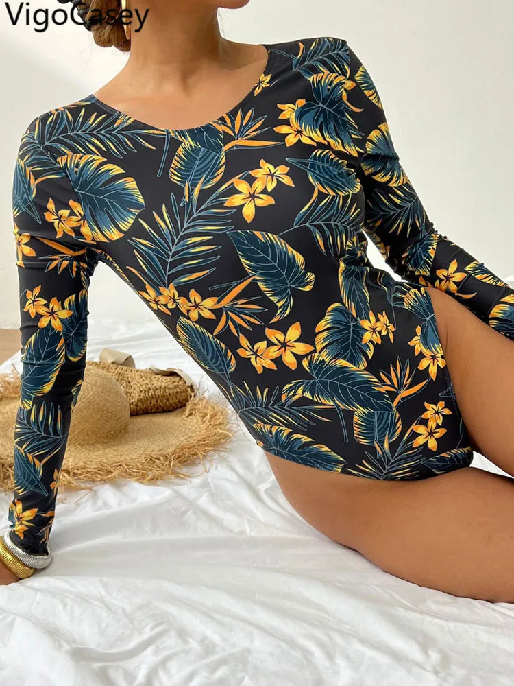 Tropical Print Long Sleeve Swimwear Women Backless Hollow One Piece Swimsuit Monokini Brazilian Beach Bathing Suit