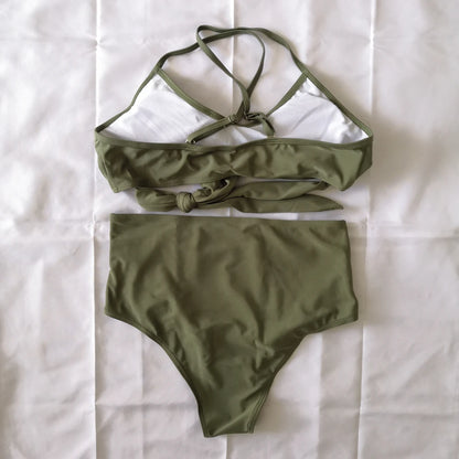 Bikini Two Piece Suit Cross Front Slim High Waisted Bottom Solid/Print Breathable Quick Drying Beachwear