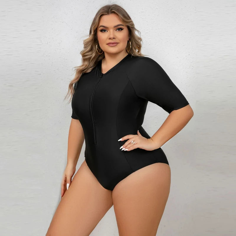Plus Size Black Color Rashguard Women One Piece Swimsuit Solid Swimming Suit For Big Woman Modest Swimwear Surfing Suit