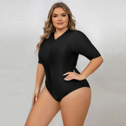 Plus Size Black Color Rashguard Women One Piece Swimsuit Solid Swimming Suit For Big Woman Modest Swimwear Surfing Suit