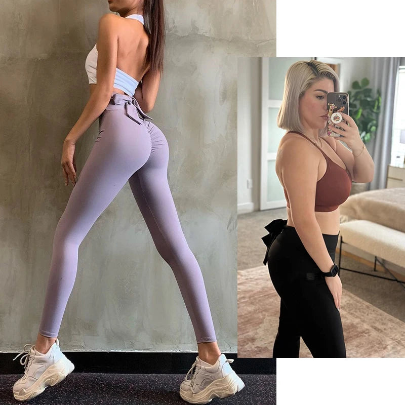 Bowknot High Waist Yoga Leggings Women's Fast Drying Butt Lifter Pants Seamless Tight Hem Workout Fitness Pilates Pants