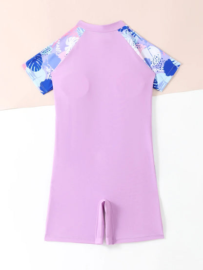Kids Girls One Piece Swimsuit Short Sleeve Swimwear Boyleg Sports Rash guard Shorty Children Surfing Suits 7-12 Years Jumpsuit