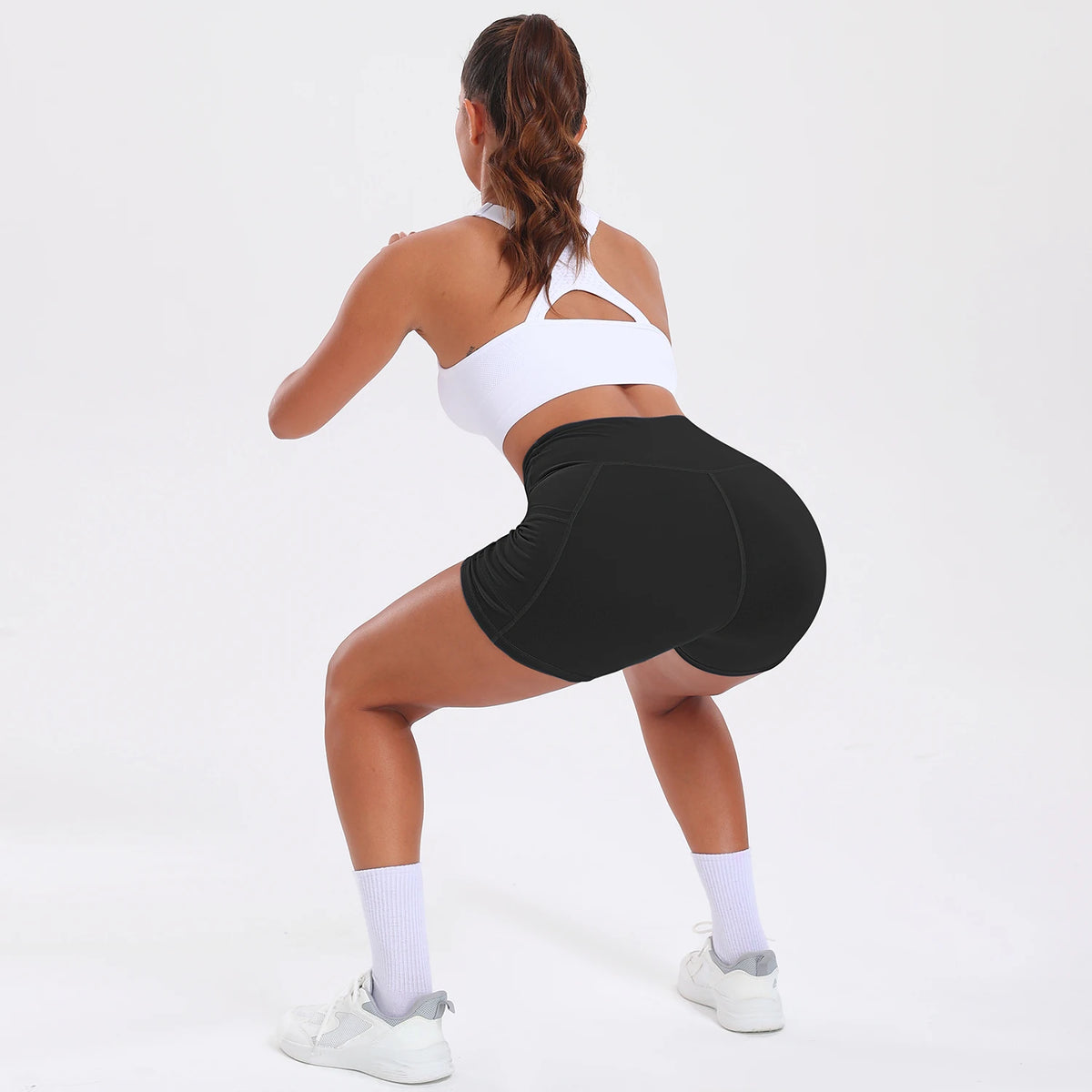 Yoga Shorts with Pockets for Women Tummy Control Workout Running Shorts Stretchy Workout Tight for Gym Casual Sportswear