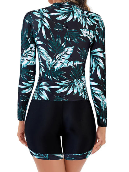 Long Sleeve Zipper Surfing Swimsuit Print Shorts Swimwear Women Two Pieces Diving Clothes Beachwear Bathing Swimming Suit