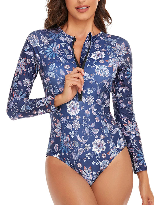 Half Zipper Surfing Swimsuit One Piece Long Sleeve Bathing Suit Women Printed Plus Size Swimwear Women Rashguard Diving XXL