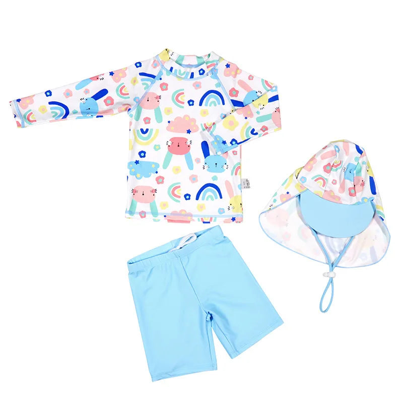 3 Pcs New Boy Swimsuit Sun Protection UPF 50+ Long Sleeve Swimming Sunsuit With Hat Split Quick Drying Bathing Suits Children