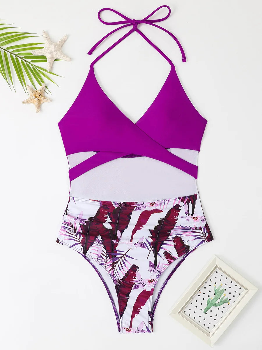 Cross Print Halter One Piece Swimsuit Women Monokini Swimwear Female Bathers Bathing Swimming Suit Beachwear Summer