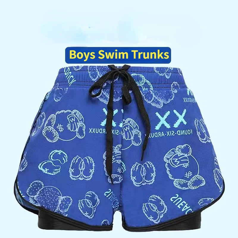 Children's Swim Trunks, Youth Boys, Middle and Teenage Kids, Double Layer Swim Shorts, Summer Cartoon Beach Boxer, Full Set