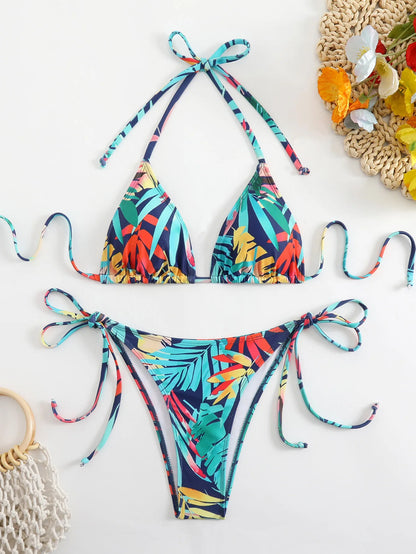 Tie Dye Gradient Mini Bikini Women Halter Push Up Bra Tie Side Thong Swimsuit Beach Pool Holiday Bathing Suit Swimwear