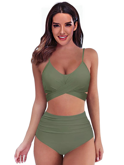 Bikini Two Piece Suit Cross Front Slim High Waisted Bottom Solid/Print Breathable Quick Drying Beachwear