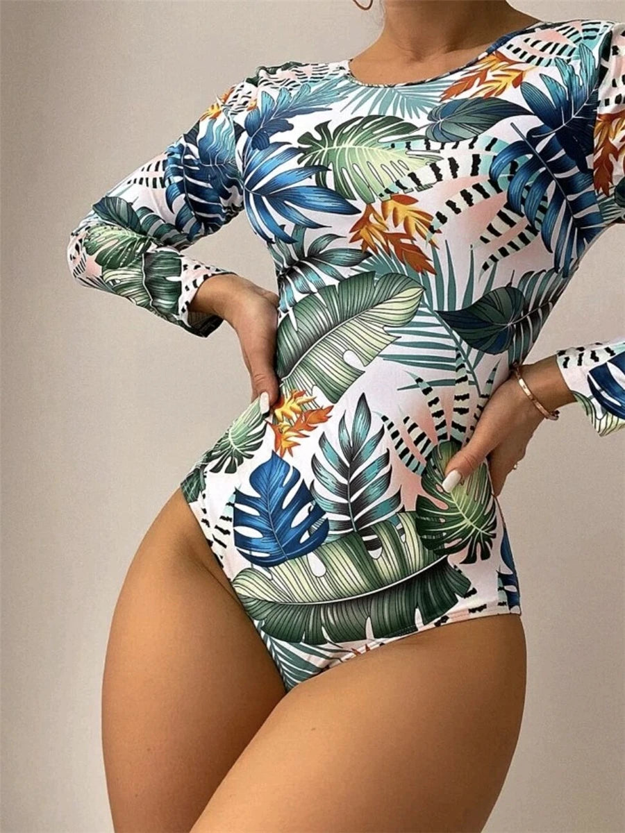 Women's Printed Long-Sleeve Criss-Cross Back One-Piece Swimsuit