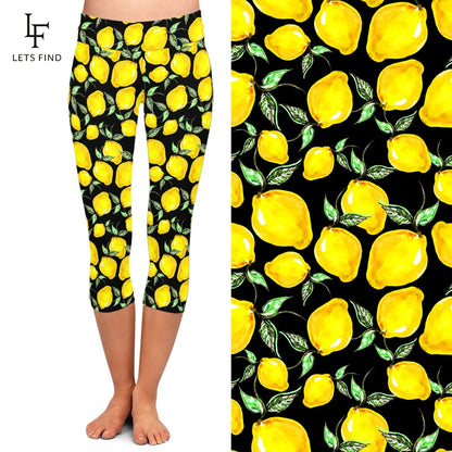 3d Lemon Digital Printed Capri Leggings High Waist High Elastic Mid-Calf 3/4   Women Black Leggings