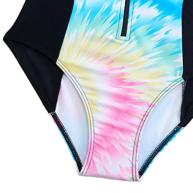 Long Sleeve Girls One Piece Swimsuit 7-12 Year Kids Swim Suit Children's Swimwear 2025 Patchwork Surf Bathing Suits Cap