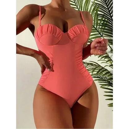 One Piece Swimsuit Swimwear Women Push Up Pleated Solid Bathing Suit Beachwear