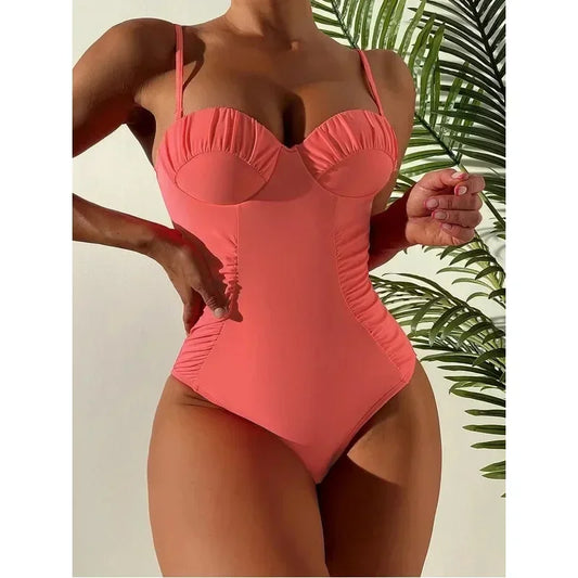 One Piece Swimsuit Swimwear Women Push Up Pleated Solid Bathing Suit Beachwear