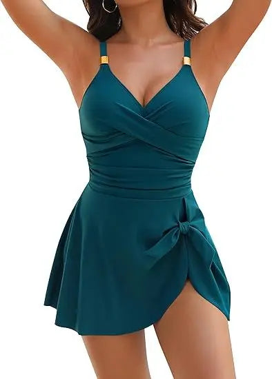 Tummy Control Women Swimdress One Piece Slim & Comfortable Ruched & Cross Swimwear Elasticity & Quick Drying Beachwear