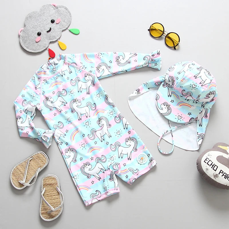 Baby Swimsuit UPF50 UV Protection Kids Swimwear for Girls Long Sleeve Bathing Suit Toddler One-Piece Cartoon Infant Beachwear