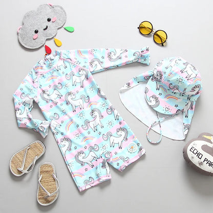 Baby Swimsuit UPF50 UV Protection Kids Swimwear for Girls Long Sleeve Bathing Suit Toddler One-Piece Cartoon Infant Beachwear