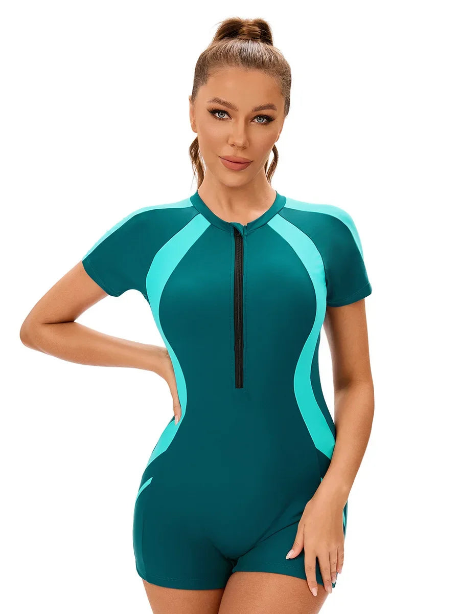Surfing Suit Women's Sport Swimsuit Short Sleeve Sunscreen Conservative One Piece Swimwear Zipper Round Neck Slim Bodysuit