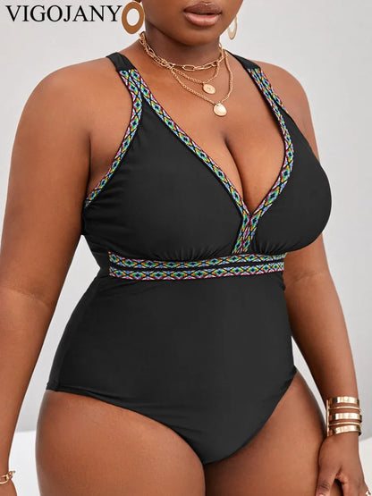 Black Strapped Plus Size Swimwear Women Patchwork Push Up One Piece Swimsuit Back Cross Hollow Big Bathing Suit