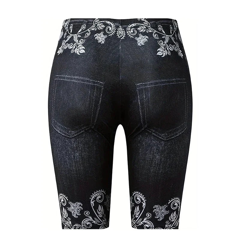 High Waist Women's Leggings Comfy Faux Denim Floral Geometric Patterns Y2K Style - Perfect for Yoga Casual Wear