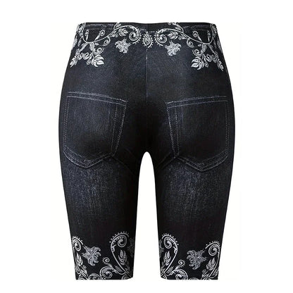 High Waist Women's Leggings Comfy Faux Denim Floral Geometric Patterns Y2K Style - Perfect for Yoga Casual Wear