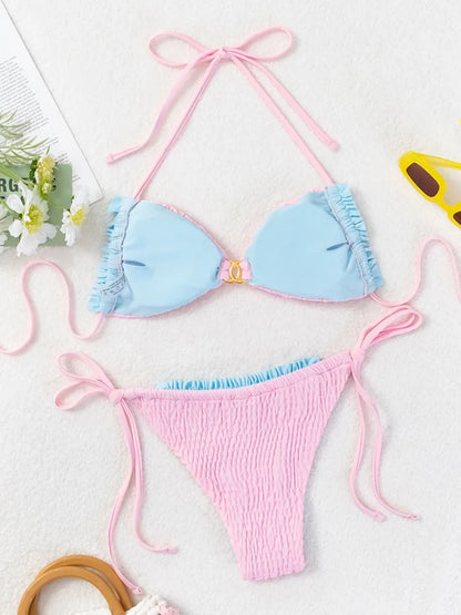 Women Halter Bikini Solid Push UP Swimsuit Tied High Cut Thong Swimwear Lady Beach Backless Bathing Suit