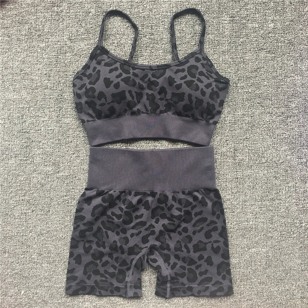 Women Fashion Leopard Printed 2 PCS Yoga Set Gym Shockproof Sports Bras Sport Leggings Running Work Out Training Suit