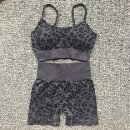 Women Fashion Leopard Printed 2 PCS Yoga Set Gym Shockproof Sports Bras Sport Leggings Running Work Out Training Suit
