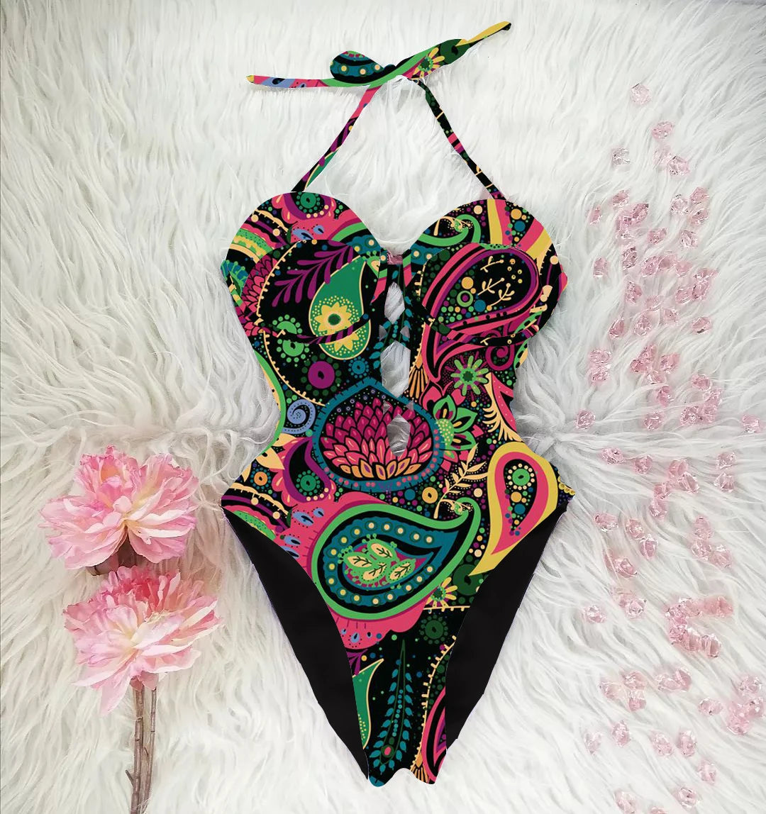 One Piece Swimsuit Female Push Up Swimwear Print Bathing Suit Summer Beachwear Hanging Neck Swimming Suit