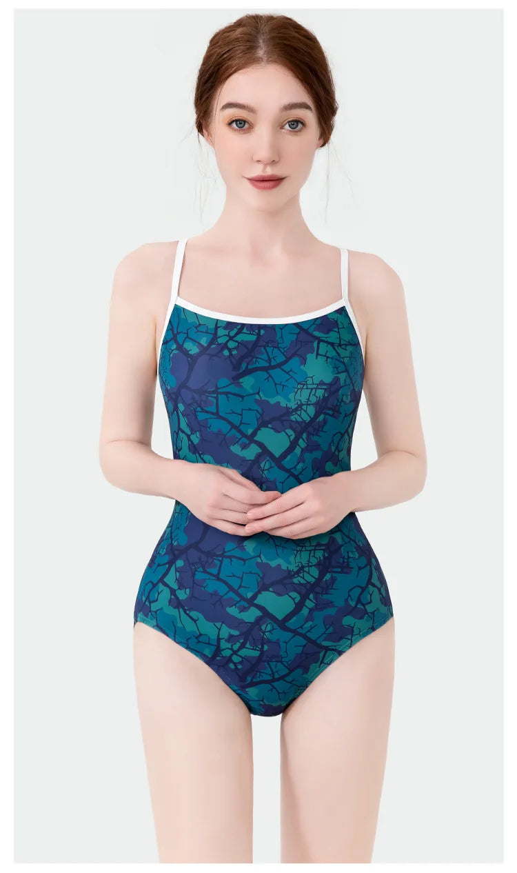 Women Vintage Racing One-piece Swimwear Sun Protection Professional Competition Flower Printed Swimsuit Training Bikini