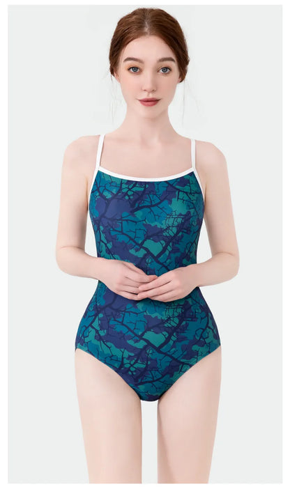 Women Vintage Racing One-piece Swimwear Sun Protection Professional Competition Flower Printed Swimsuit Training Bikini
