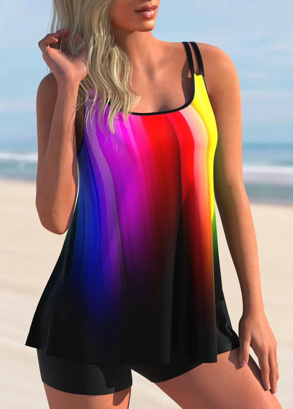 Women's Swimsuit Bikini Tank Top Two-piece Set of Colorful Curve Printed Holiday Beach Wear S-6XL