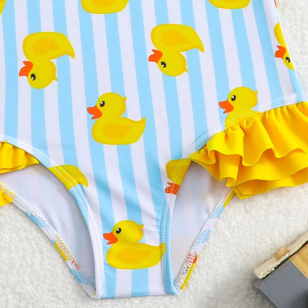 Striped  With Ducks Little Girls Swimsuit With Swimming Cap Ruffle Swimwear Female Children Bathers Bathing Swimming Swim Suit 4-7Y