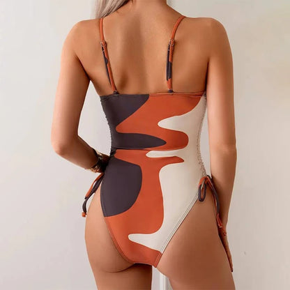 Block Color One Piece Swimsuit Drawstring Halter Swimwear Women High Waist Bathing Suit Backless Monokini