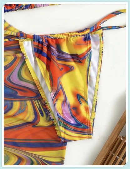 3 Piece Print Halter Triangle Bikini Sets Women Cover Up Swimwear Summer Swimsuit Female Bathing Swimming Suit Beachwear