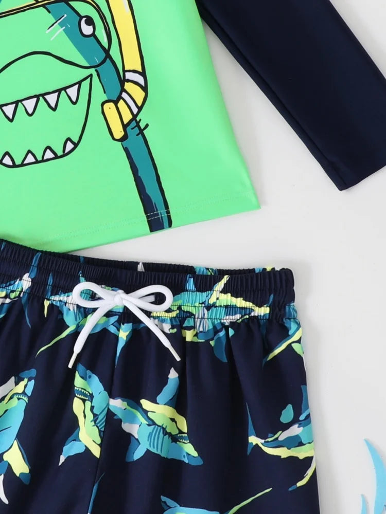 Boy Kids Swimsuit Cartoon Shark Long Sleeves Children Swimwear Summer Two Piece Beachwear Shorts Bathing Suit Swimming