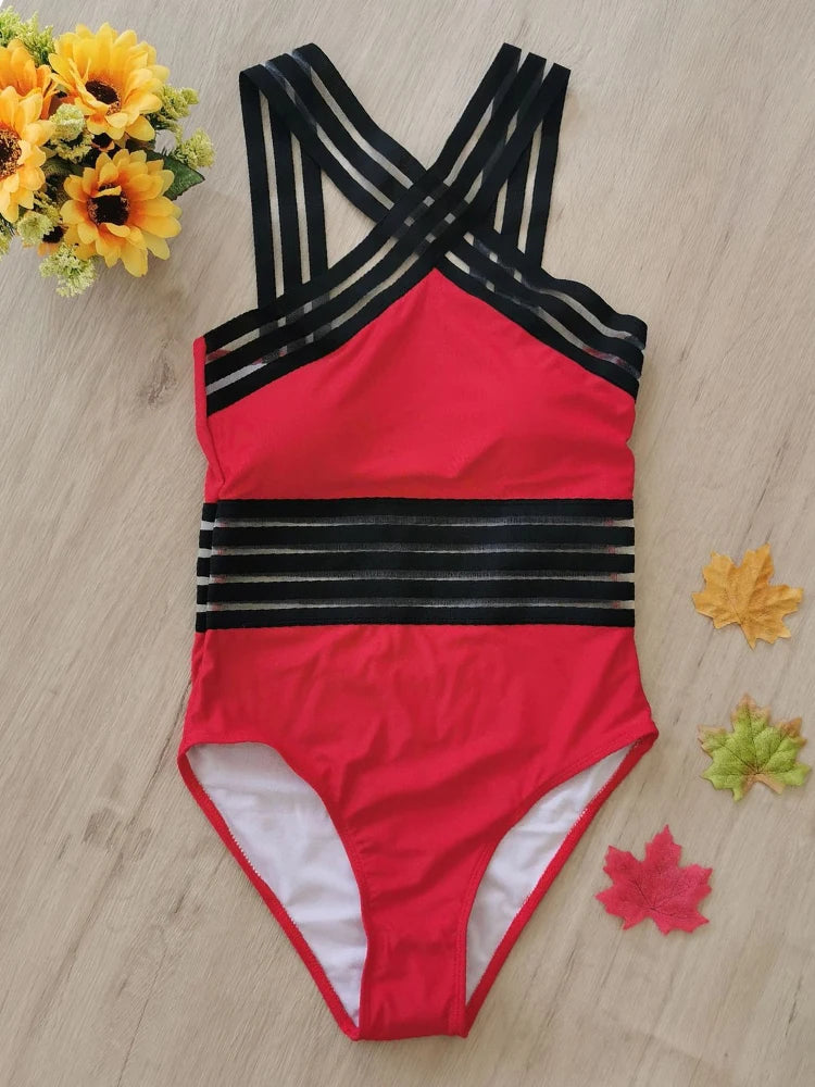 Mesh Tape Swimsuit One Piece Leopard Swimwear Women Cross High Neck Bathing Suit Female Swimming Summer Beachwear