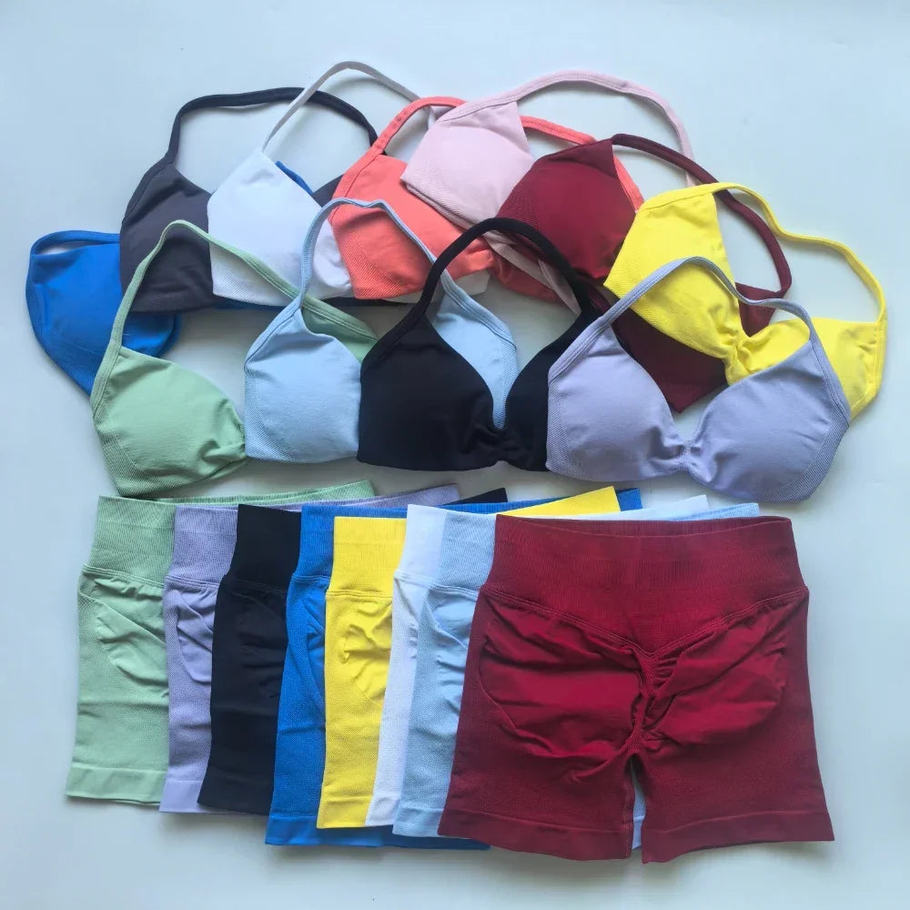 2PCS Gym Set Women Strappy Yoga Bra Top High Waist Workout Scrunch Shorts Sports Suit Seamless Yoga Set Fitness Clothes