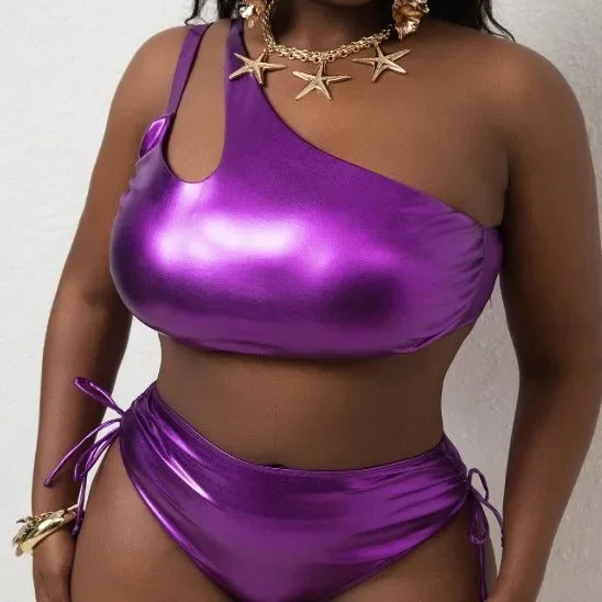 Plus Size Bikini Set Pure Color Foil Luminous Fabric Two Piece Swimsuit Women's Fashion Beachwear Swimwear