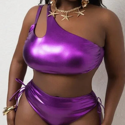 Plus Size Bikini Set Pure Color Foil Luminous Fabric Two Piece Swimsuit Women's Fashion Beachwear Swimwear