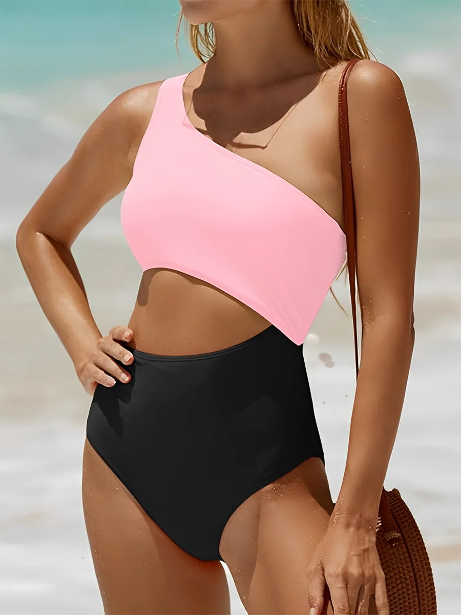 One Shoulder Swimsuit Women One Piece Solid Hollow Swimwear Female Bathers Bathing Swimming Swim Suit Beachwear XXL
