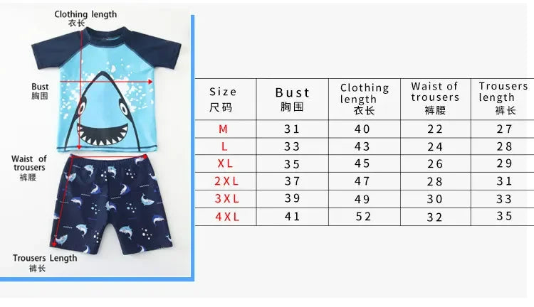 Children's Cartoon Shark Short Sleeve Split Swimwear with Swim Cap, Sun Protection Beach Wear, Baby Boys Swimsuit