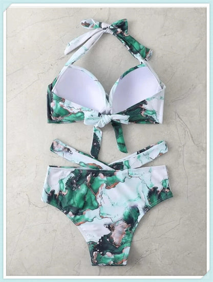 Halter High Waist Bikini Women Tie Dye Swimsuit Push Up Swimwear Female Printed Bathing Suit Lace Up Back Beachwear