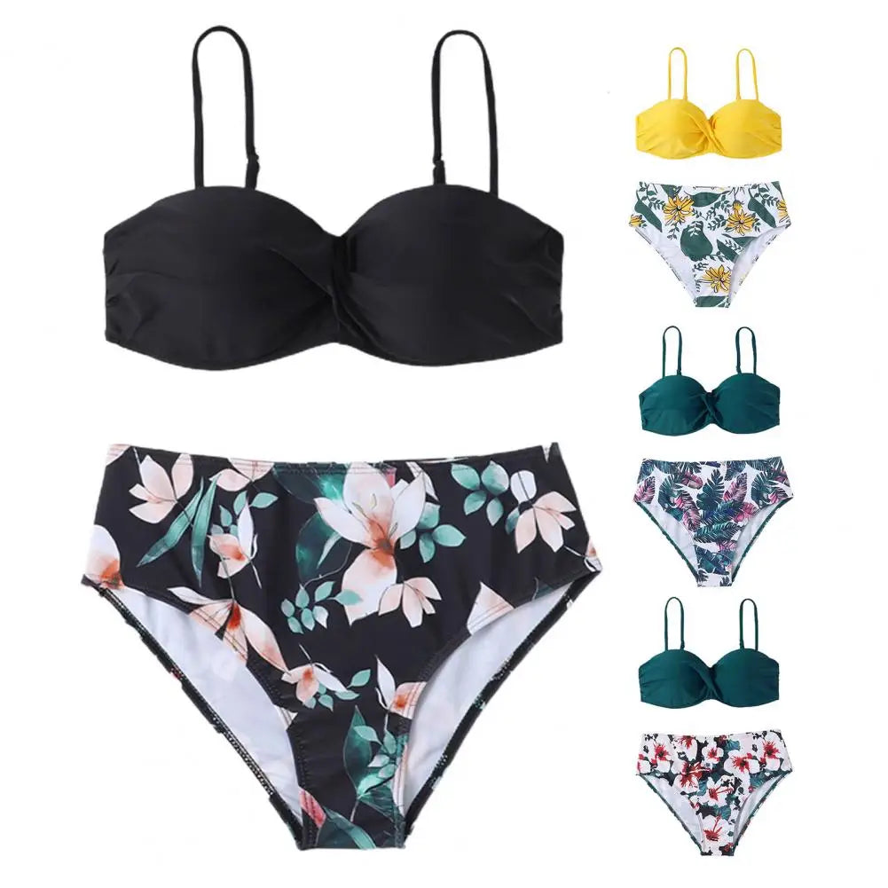 Women Bikini Set Solid Color Underwire Padded Push-Up Split Bikini Bra Print High Waist Bottoms Swimsuit Women Bathing Suit