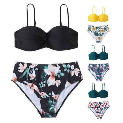 Women Bikini Set Solid Color Underwire Padded Push-Up Split Bikini Bra Print High Waist Bottoms Swimsuit Women Bathing Suit