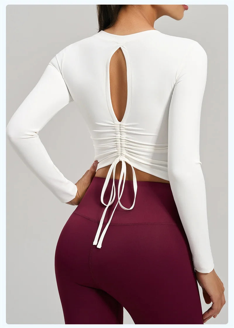 Women's Long-Sleeve Cut-Out Back Yoga Crop Top with Built-In Bra